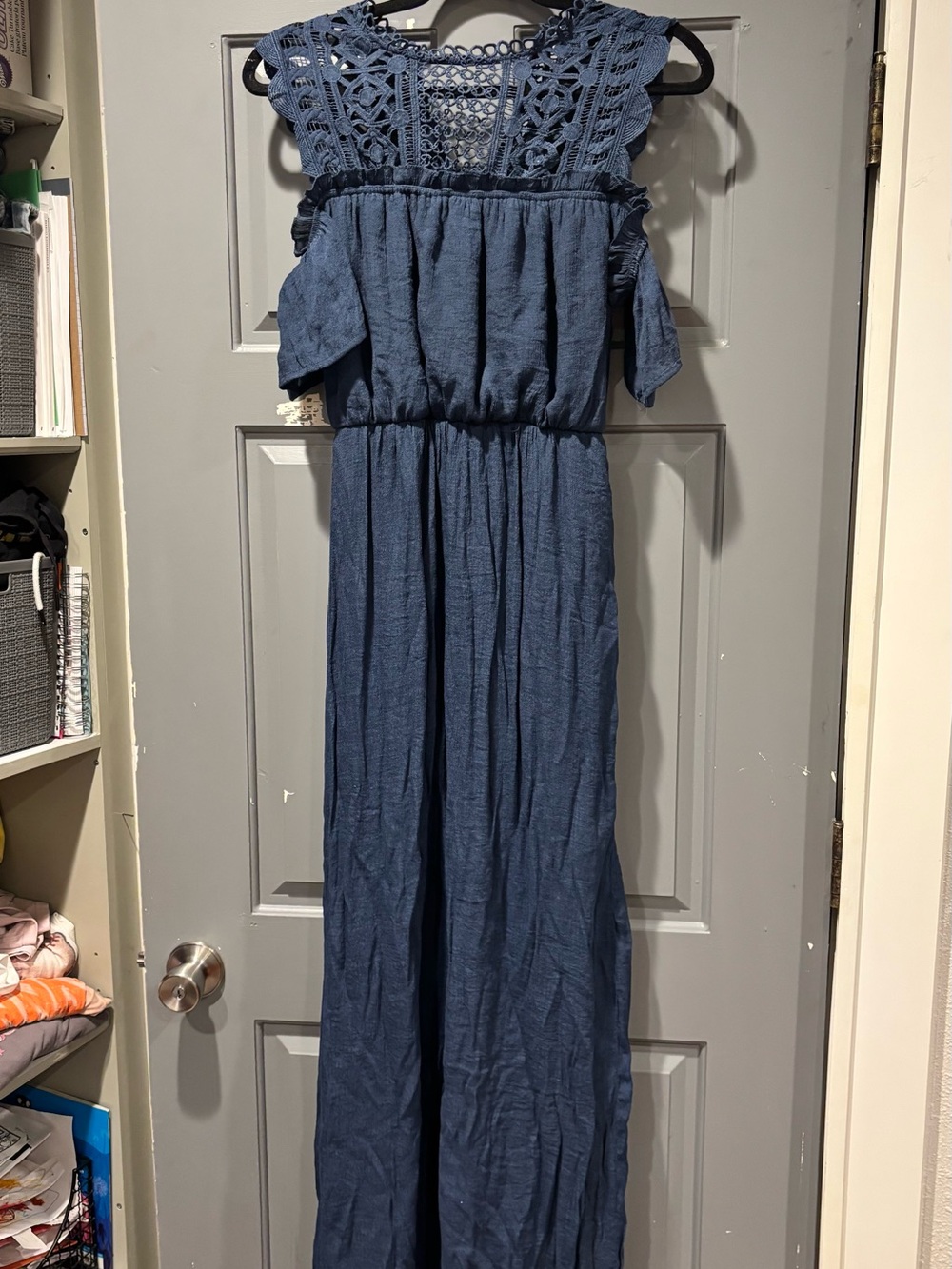 Pinkblush Navy Blue Crochet-Yoke Cold-Shoulder Maxi Dress